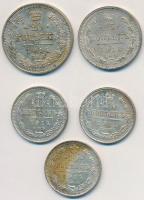 Orosz Birodalom 1914. 10k Ag (3x) + 15k Ag + 20k Ag T:2 patina
Russian Empire 1914. 10 Kopeks Ag (3...