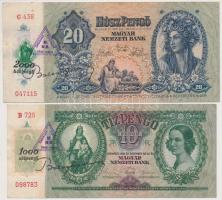 1936. 10P + 1941. 20P mindkettő hamis "Debreceni Fiókintézet MNB" bélyegzéssel és adópengő bélyeggel T:III
