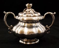 Ezüst, neobarokk cukortartó, fedőn plasztikus rózsával, Ag.,  nettó: 326gr., jelzett, Pest, cca 1930, HAAR mesterjeggyel, m:12cm / Silver, neo-baroque sugar bowl, cover with roses, Ag, net., 326gr, marked, Pest, circa 1930, HAAR master's ticket, m. 12cm