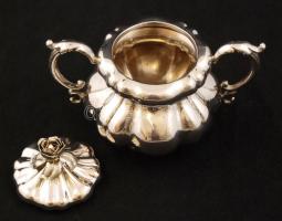 Ezüst, neobarokk cukortartó, fedőn plasztikus rózsával, Ag.,  nettó: 326gr., jelzett, Pest, cca 1930...