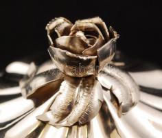 Ezüst, neobarokk cukortartó, fedőn plasztikus rózsával, Ag.,  nettó: 326gr., jelzett, Pest, cca 1930...