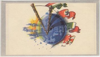 cca 1940 Háborús szövetségesek (Németország, Japán, Magyarország), népies üdvözlőkártya Bozó jelzéssel, 12 × 7 cm / Irredenta propaganda card, allies of Hungary, minicard