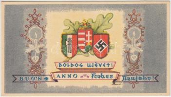 cca 1940 Boldog új évet, népies üdvözlőkártya Bozó jelzéssel, 12 × 7 cm / allies of Hungary, minicard