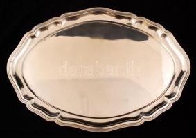 Ezüst szerviztálca, ovális, lépcsőzetes peremmel, Ag., nettó: 830gr., jelzett, Pest, cca 1940, GM mesterjeggyel, 45x32cm/ Silver service tray, oval, cascading rim, Ag., net.: 830 gr, marked, Pest, circa 1940, GM master's ticket, 45x32cm