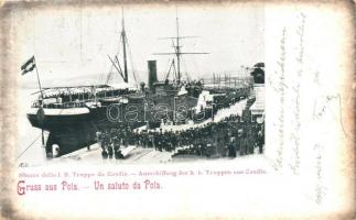 A Zagreb gőzös. Sbarco delle I. R. Truppe da Candia. Ausschiffung der k. k. Truppen aus Candia, Canea (Die Kreta-Mission?) / Austrian ship launching