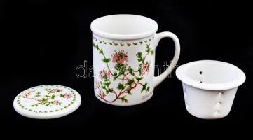 Virágmintás, teaszűrős bögre, matricás, hibátlan, m: 10 cm, d: 8 cm