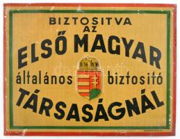 cca 1930 Első Magyar Biztosító Társaság zománcozott fémtábla, címerrel, jó állapotban / cca 1930 Hungarian insurance company, enameled plate with coat of arms 17x13 cm