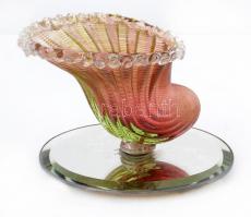 Színes üveg bőségszaru, tükör talapzaton, hibátlan, m: 16 cm