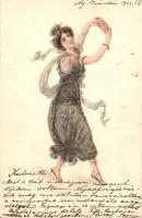 Girl with tambourine, golden decoration, litho (EB)