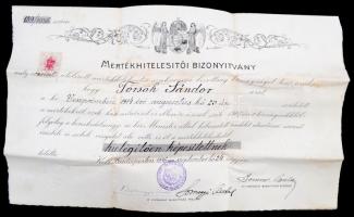 1936 Mértékhitelesítői bizonyítvány, okmánybélyeggel, bélyegzővel, aláírásokkal