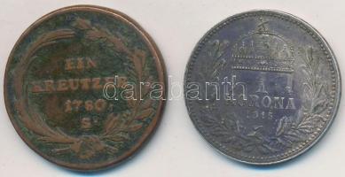 1780S 1kr Cu "Mária Terézia" + 1915KB 1K Ag "Ferenc József" T:2,2-,3 ph., patina