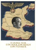 1938 Ein Volk, ein Reich, ein Führer / Adolf Hitler, NS propaganda, map of Germany 6 kpf Ga.