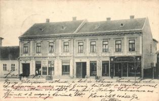 Nagymihály, Mihalovce; Főtér, gyógyszertár, 'Fűszer és Vasraktár', Bucsinszky Lajos üzlete, italbolt, kiadja Landesman / main square, pharmacy, 'Spice and ironware depot', shop, alcohol shop