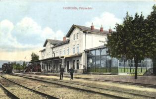 Trencsén, Trencin; vasútállomás, mozdony, kiadja Weisz Náthán / railway station, locomotive (EK)