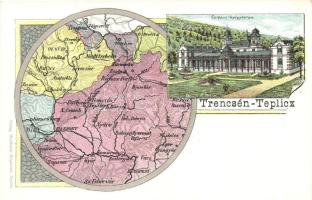 Trencsénteplic, Trencianske Teplice; Gyógyterem, Trencsén vármegye térképe, kiadja Wertheim Zsigmond / spa building, map of Trencsén county