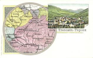 Trencsénteplic, Trencianske Teplice; látkép, Trencsén vármegye térképe, kiadja Wertheim Zsigmond / general view, map of Trencsén county