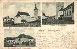 Székelyderezs, Darjiu; Unitárius templom, Lelkészi lakás, Kántori lakás, kiadja Kováts István fényképész / Unitarian church, the homes of the pastor and the cantor (EK)