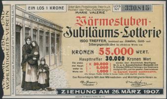 Ausztria / Bécs 1907. "Melegedő Jubileumi Lottó" szelvénye 1K értékben T:II- Austria / Vienna 1907. "Warming Room Jubilee Lotto" ticket with the value of 1 Kronen C:VF