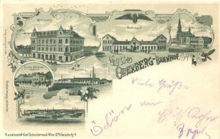 1899 Bohumín, Oderberg; Bahnhof, Nordbahnhof, Walzwerk, Hotel Lustig A. Schwidernoch floral litho