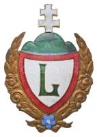 ~1940. Zománcozott Levente jelvény "MORZSÁNYI BUDAPEST ESKÜ ÚT 5." gyártói jelzéssel (49x34mm) T:2,2- zománchiba Hungary ~1940. Enamelled Levente badge with maker's mark "MORZSÁNYI BUDAPEST ESKÜ ÚT 5." (49x34mm) C:XF,VF enamel error