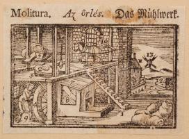 1708 Mesterségek fametszetes bemutatása, 17 fametszetes ábra különféle mesterségekkel, magyar, német...