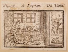 1708 Mesterségek fametszetes bemutatása, 17 fametszetes ábra különféle mesterségekkel, magyar, német...