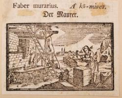 1708 Mesterségek fametszetes bemutatása, 17 fametszetes ábra különféle mesterségekkel, magyar, német...