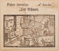 1708 Mesterségek fametszetes bemutatása, 17 fametszetes ábra különféle mesterségekkel, magyar, német...