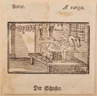1708 Mesterségek fametszetes bemutatása, 17 fametszetes ábra különféle mesterségekkel, magyar, német...