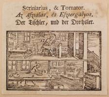 1708 Mesterségek fametszetes bemutatása, 17 fametszetes ábra különféle mesterségekkel, magyar, német...