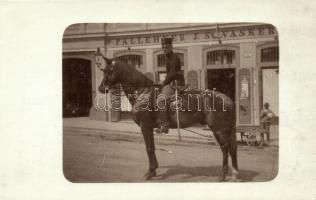 1911 Pozsony, Pressburg; Pallehner J. Vaskereskedése, K.u.K. tiszt lóháton / ironware shop, officer on horseback, photo