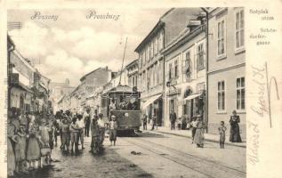 Pozsony, Pressburg; Széplak utca villamossal, Schöndorfer utca; kiadó Duschinsky G. / street with tram