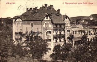 Vízakna, Ocna Sibiului; Nagyszálloda park felőli része, kiadja Takács Jenő / View of the Grand Hotel from the park