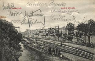 Érsekújvár, Nove Zamky; Vasútállomás, hátoldalon a Hotel Oroszlán 1915. május 23-i étlapja / railway station