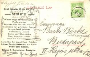 Érsekújvár, Nove Zamky; Vasútállomás, hátoldalon a Hotel Oroszlán 1915. május 23-i étlapja / railway...