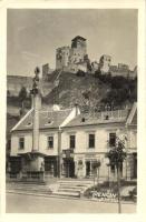 1936 Trencsén, Trencin; utca, vár, Eugen Fuchs üzlete, Horn büfé / street, castle, shop, diner; Foto Schwarz, photo (EK)