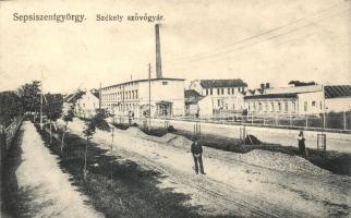 Sepsiszentgyörgy, Sfantu Gheorghe; Székely szövőgyár, a hátoldalon a gyár előrenyomtatott üzenetével / Székely textile factory, the factory's printed message on the backside