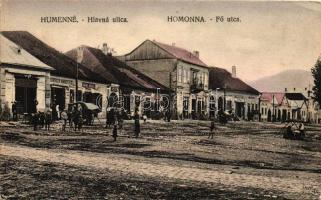 Homonna, Humenné; Fő utca, árusok, Grün Israel üzlete / main street, vendors, shop (EK)