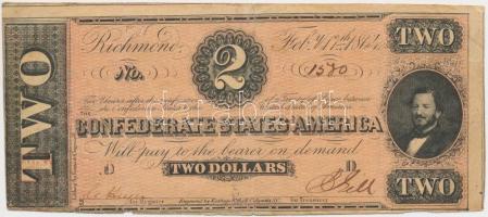 Amerikai Konföderációs Államok / Richmond 1864.02.17. 2$ bélyegzés nyoma a bal alsó sarokban T:III,III- Confederate States of America / Richmond 02.17.1864. 2 Dollars with overprint mark on lower left corner C:F,VG Criswell T70