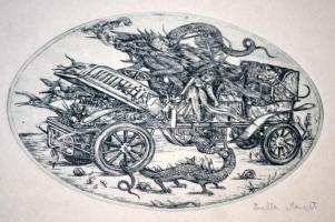 Balla Margit (1947- ): Sárkányjárás, rézkarc, papír, jelzett, üvegezett fa keretben, 9,5×14 cm