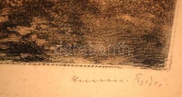 Konecsni György (1908-1970): Itatás, színezett rézkarc, papír, jelzett, üvegezett, díszes fa keretbe...