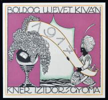 Kner Izidor újévi üdvözlőkártyája Divéky József (1887-1951) linómetszetével "Boldog ujévet kiván Kner Izidor - Gyoma - 1917"  mindkét oldalán nyomott. 15x14 cm / New Year greeting card with lino-engraving of Josef Diveky