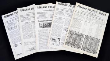 1979-81 Romanian Philatelic Studies, 5 száma angol nyelven, cca 16oldal, 28x22cm+ 48 előnyomott lap,...