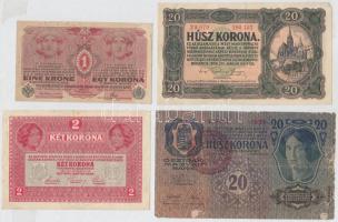 1913. 20K piros "MAGYARORSZÁG" körbélyegzővel + 1916. 1K + 1917. 2K + 1920. 20K T:III,III-