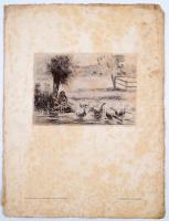 Camille Pissarro (1830-1903): Lány libákkal. Fénynyomat, papír, foltos, kiadó J. Löwí in Wien, 14x19 cm