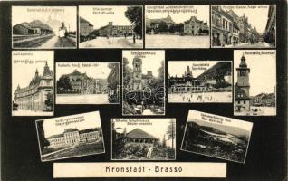 Brassó, Kronstadt; Mozaiklap vasútállomással / multi-view with railway station