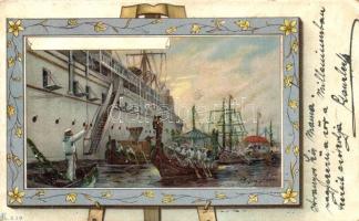 Passenger steamship with mariners, floral, litho s: Willy Stower (EK)