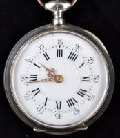 Ezüst zsebóra, kulccsal és lánccal, Cylindre  huite rubis, Ag., bruttó:34,7gr., jelzett, működik, d:...