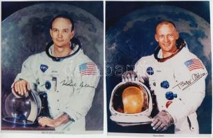 Neil Armstrong, Buzz Aldrin és Michael Collins amerikai űrhajósok portréi, eredeti, aláírt fotókról készült fotónagyítások, 18,5×14 cm