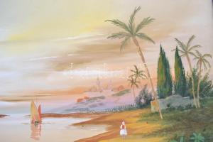 Koszkol jelzéssel: Egzotikus táj. Tempera, papír,  keretben, 34×49 cm